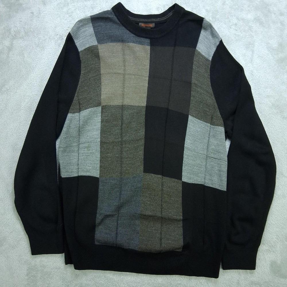 Mens Dockers Sweater Large Black Gray Plaid Knit Crewneck Minimalist Normcore